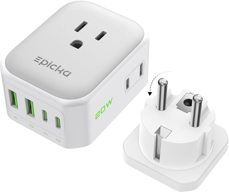 EPICKA Hybrid International Power Adapter for US to German & France, Foldable & Detachable Type EF VisaPlug, 8-in-1 Travel Plug Adapter with 4 USB Ports (2 USB-C PD 20W), Travel Dormestic Essentials - Image 1